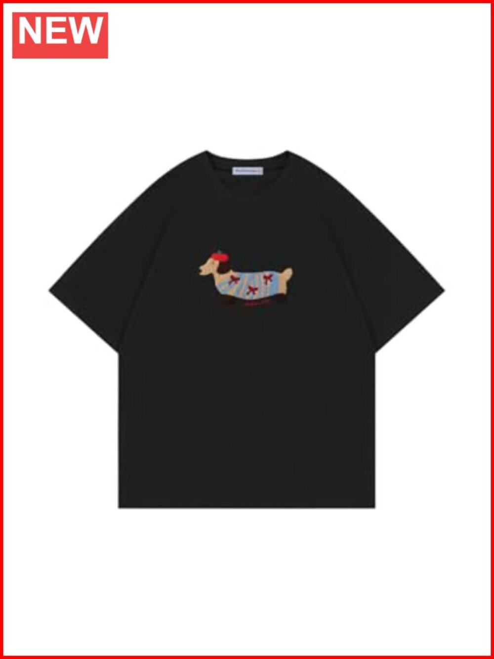 Oversized Embroidery Dog Graphic Tee Cotton Short Sleeve Casual